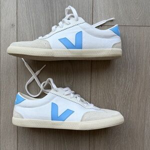 Veja White Sneakers with Light Blue V Logo